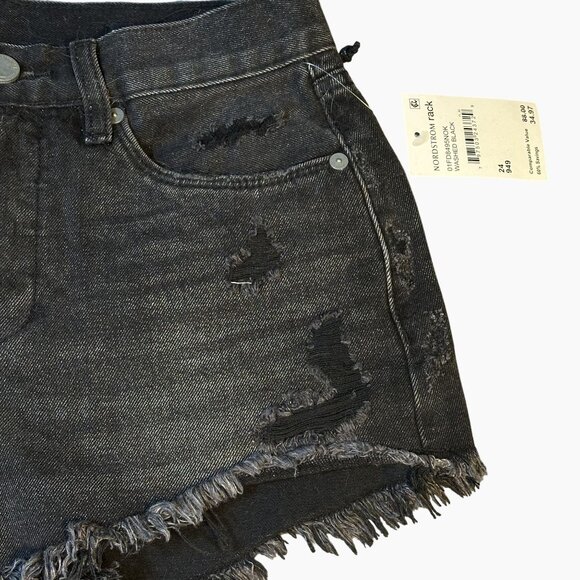 BLANKNYC Faded Black Cutoff Denim Shorts Distressed Raw Hem Button Fly Size 24 - Picture 4 of 9